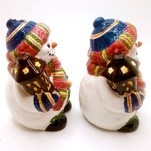 Snowman Salt Pepper Shakers Lanterns Winter Holiday Decoration Ceramic 3.5" Tall - Picture 2 of 11